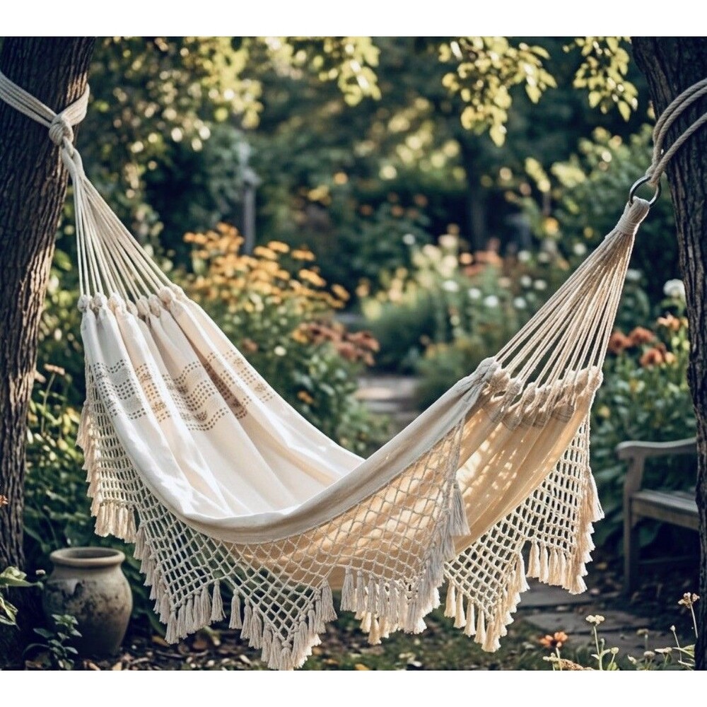 Deluxe 2 Person Brazilian Hammock Woven Cotton Textile Macrame Fringe Boho